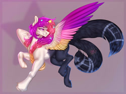 Size: 1280x958 | Tagged: safe, artist:copshop, imported from derpibooru, oc, oc only, oc:phylecia, pegasus, pony, colored wings, male, multicolored wings, multiple tails, nudity, sheath, solo, stallion, tail, two tails, wings