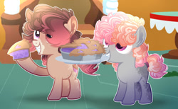 Size: 900x554 | Tagged: safe, artist:magicallightsentryyt, imported from derpibooru, oc, oc only, oc:cherry crumble, oc:cinnamon swirl, pony, base used, colt, food, male, offspring, parent:cheese sandwich, parent:pinkie pie, parents:cheesepie, pie