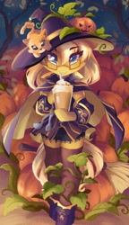 Size: 2352x4096 | Tagged: safe, artist:saxopi, imported from derpibooru, oc, oc only, oc:coffee creme, cat, semi-anthro, boots, cape, clothes, commission, detached sleeves, drink, glasses, halloween, hat, holiday, not mareota, pumpkin, shoes, skirt, solo, stockings, thigh highs, witch hat, ych result