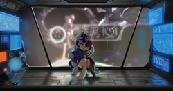 Size: 3576x1881 | Tagged: safe, artist:theprince, imported from derpibooru, oc, oc only, oc:machine storm, pony, unicorn, colossus, kissing, science fiction, spaceship, stellaris, weapon