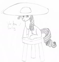 Size: 1454x1523 | Tagged: safe, artist:sapphie, imported from derpibooru, rarity, pony, unicorn, comically large hat, dialogue, female, hat, looking at you, monochrome, ponybooru import, sitting, solo, stool, traditional art