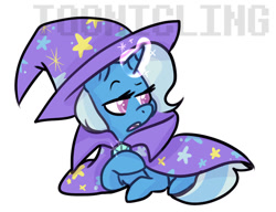 Size: 1024x788 | Tagged: safe, imported from derpibooru, trixie, pony, unicorn, magic, raised hoof, simple background, sitting, solo, watermark