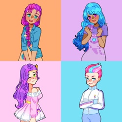 Size: 1080x1080 | Tagged: safe, artist:b_forpotato, imported from derpibooru, izzy moonbow, pipp petals, sunny starscout, zipp storm, human, dark skin, g5, human pipp petals, humanized, my little pony: a new generation