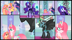 Size: 1280x713 | Tagged: safe, artist:dawnheartyt, imported from derpibooru, luster dawn, twilight sparkle, oc, alicorn, bat pony, bat pony alicorn, pony, the last problem, alicorn oc, alicornified, base used, bat wings, bell, comic, ethereal mane, female, glowing, glowing horn, grogar's bell, helmet, hoof shoes, horn, indoors, jewelry, magic, mare, nightmarified, older, older twilight, peytral, princess twilight 2.0, race swap, starry mane, story included, telekinesis, tiara, twilight sparkle (alicorn), wide eyes, wings