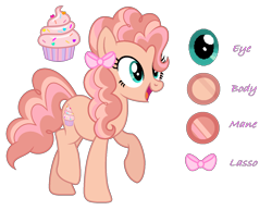 Size: 1542x1188 | Tagged: safe, artist:dawnheartyt, imported from derpibooru, oc, earth pony, pony, base used, bow, cupcake, eyelashes, female, food, hair bow, mare, offspring, parent:cheese sandwich, parent:pinkie pie, parents:cheesepie, raised hoof, reference sheet, simple background, transparent background