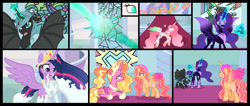 Size: 1280x545 | Tagged: safe, artist:dawnheartyt, imported from derpibooru, luster dawn, twilight sparkle, oc, alicorn, bat pony, bat pony alicorn, pony, the last problem, alicorn oc, alicornified, base used, bat wings, bell, comic, ethereal mane, female, glowing, glowing horn, grogar's bell, helmet, hoof shoes, horn, indoors, jewelry, magic, mare, nightmarified, older, older twilight, petrification, peytral, princess twilight 2.0, race swap, starry mane, story included, telekinesis, tiara, twilight sparkle (alicorn), wide eyes, wings