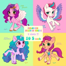 Size: 1080x1081 | Tagged: safe, artist:fezervelle, imported from derpibooru, izzy moonbow, pipp petals, sunny starscout, zipp storm, earth pony, pegasus, pony, unicorn, adorapipp, adorazipp, chibi, cute, g5, izzybetes, my little pony: a new generation, sunnybetes