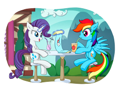 Size: 1865x1409 | Tagged: safe, artist:reconprobe, imported from derpibooru, rainbow dash, rarity, pegasus, pony, unicorn, clothes, drinking, duo, scarf