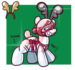 Size: 2094x1956 | Tagged: safe, artist:tranzmuteproductions, imported from derpibooru, oc, oc only, deer, pony, reindeer, antlers, blushing, bow, bridle, forced smile, green background, grin, harness, inanimate tf, inflatable, latex, living inflatable, reindeerified, simple background, smiling, species swap, squeak, sweat, sweatdrops, tack, transformation, wobbling