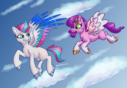 Size: 1280x884 | Tagged: safe, artist:sallindaemon, imported from derpibooru, pipp petals, zipp storm, pegasus, pony, colored wings, duo, female, g5, multicolored wings, my little pony: a new generation, siblings, sisters, wings