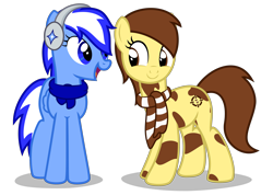 Size: 4000x2850 | Tagged: safe, artist:strategypony, imported from derpibooru, oc, oc only, oc:sandy sweet, oc:sirius, earth pony, pegasus, pony, clothes, duo, duo female, earmuffs, female, looking at each other, mottled coat, scarf, simple background, striped scarf, tail, transparent background, two toned mane, two toned tail