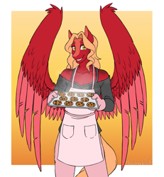 Size: 3231x3500 | Tagged: safe, artist:hasana-chan, imported from derpibooru, oc, oc only, oc:sugar buns, anthro, pegasus, unguligrade anthro, anthro oc, apron, clothes, commission, cookie, digital art, female, food, gift art, high res, mittens, pegasus oc, smiling, solo, tray