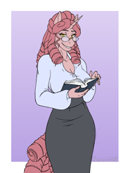 Size: 2400x3200 | Tagged: safe, artist:hasana-chan, imported from derpibooru, oc, oc only, oc:candlewick, anthro, unguligrade anthro, unicorn, anthro oc, blouse, book, breasts, cleavage, clothes, commission, digital art, female, freckles, gift art, glasses, high res, horn, librarian, shirt, skirt, smiling, tube skirt, unicorn oc