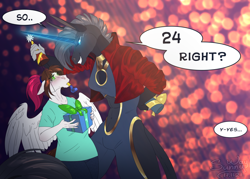 Size: 1200x859 | Tagged: safe, artist:sunny way, imported from derpibooru, oc, oc only, oc:sunny way, anthro, horse, pegasus, unicorn, alacorna, anthro horse, big, birthday, cute, duo, equine, female, glowing, happy, happy birthday, hat, horn, lesbian, mare, party hat, present, size difference, small, sweet, wings