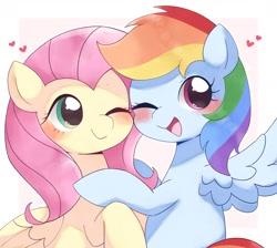 Size: 1866x1669 | Tagged: dead source, safe, artist:ginmaruxx, imported from derpibooru, fluttershy, rainbow dash, pegasus, pony, blushing, bust, cute, dashabetes, duo, female, flutterdash, folded wings, heart, hug, lesbian, looking at you, mare, one eye closed, open mouth, open smile, shipping, shyabetes, simple background, smiling, spread wings, white background, wings