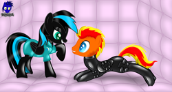 Size: 7680x4154 | Tagged: safe, artist:damlanil, imported from derpibooru, oc, oc:fireheart(fire), oc:nightlight aura, bat pony, hybrid, pegasus, pony, bondage, bound wings, catsuit, clothes, collar, commission, duo, female, gimp suit, grin, happy, high heels, latex, latex suit, looking at each other, lying down, male, malesub, mare, padded cell, pegabat, prone, rubber, shiny, shiny mane, shoes, show accurate, smiling, stallion, story, submissive, suit, vector, wings