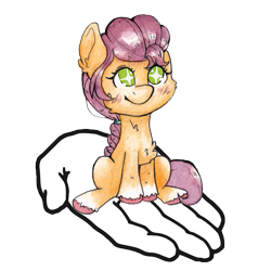 Size: 641x641 | Tagged: safe, artist:lightisanasshole, imported from derpibooru, sunny starscout, earth pony, pony, adorable face, blushing, chest fluff, chibi, colored hooves, cute, disembodied hand, ear fluff, female, g5, hand, hoof fluff, it's dangerous to go alone, looking up, my little pony: a new generation, neck fluff, simple background, sitting, sitting on person, smiling, sunnybetes, tiny, tiny ponies, traditional art, transparent background, watercolor painting