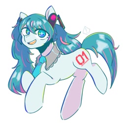 Size: 768x768 | Tagged: safe, artist:metaruscarlet, imported from derpibooru, kotobukiya, earth pony, pony, anime, cute, female, hatsune miku, headphones, kotobukiya hatsune miku pony, mare, necktie, open mouth, ponified, raised hoof, raised leg, simple background, solo, vocaloid, white background