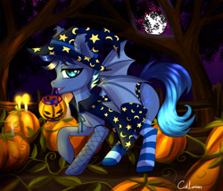 Size: 3226x2760 | Tagged: safe, artist:cali luminos, imported from derpibooru, oc, oc only, oc:dusk cello, bat pony, pony, candle, cape, clothes, costume, fangs, fence, halloween, hat, high res, holiday, jack-o-lantern, male, moon, mouth hold, night, pumpkin, pumpkin bucket, socks, solo, striped socks, tree, witch hat