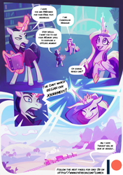 Size: 3541x5016 | Tagged: safe, artist:adreamera, artist:lummh, imported from derpibooru, chancellor neighsay, princess cadance, alicorn, pony, unicorn, comic:the princess of love, advertisement, book, canterlot, canterlot castle, duo, equestria, library, magic, mountain, scenery, train, window