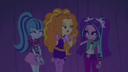 Size: 1266x719 | Tagged: safe, imported from derpibooru, screencap, adagio dazzle, aria blaze, sonata dusk, equestria girls, rainbow rocks, disguise, disguised siren, eyes closed, female, gem, microphone, siren gem, the dazzlings