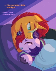 Size: 1617x2048 | Tagged: safe, artist:dorpapu, imported from derpibooru, starlight glimmer, sunburst, pony, unicorn, beard, bed, bedsheets, couple, cute, daaaaaaaaaaaw, facial hair, female, gigglesnort, giggling, glasses, kissing, male, mare, shipping, stallion, starburst, straight, sunburst the bearded, sunburst's glasses, sunlight, tickling, waking up