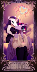 Size: 1024x2002 | Tagged: safe, artist:laps-sp, imported from derpibooru, rarity, twilight sparkle, anthro, clothes, female, hoers, kissing, lesbian, magic, major arcana, rarilight, shipping, tarot card