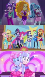 Size: 2070x3504 | Tagged: safe, imported from derpibooru, screencap, adagio dazzle, applejack, aria blaze, fluttershy, kiwi lollipop, pinkie pie, rainbow dash, rarity, sci-twi, sonata dusk, sunset shimmer, supernova zap, twilight sparkle, equestria girls, equestria girls series, rainbow rocks, road trippin, sunset's backstage pass!, spoiler:eqg series (season 2), band, drums, female, guitar, high res, humane five, humane seven, humane six, k-lo, microphone, musical instrument, piano, postcrush, su-z, tambourine, the dazzlings