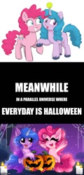 Size: 500x1046 | Tagged: safe, anonymous editor, artist:darkjillmlp123, artist:heretichesh, color edit, edit, imported from derpibooru, izzy moonbow, pinkie pie, earth pony, pony, unicorn, series:meanwhile, ball, blushing, colored, cute, diapinkes, duo, duo female, female, friendship, g4, g4 to g5, g5, halloween, happy, holding hooves, holiday, horn, horn guard, horn impalement, hornball, izzy and her heroine, izzy's tennis ball, izzybetes, jack-o-lantern, mare, meanwhile, my little pony: a new generation, open mouth, png, pumpkin, raised hoof, smiling, tennis ball, tomska, unshorn fetlocks