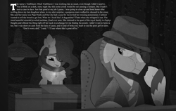 Size: 7125x4500 | Tagged: safe, artist:bearmation, imported from derpibooru, hitch trailblazer, pipp petals, earth pony, pegasus, pony, absurd resolution, black and white, detective, detective hitch, fedora, female, g5, grayscale, hat, implied cloudpuff, male, mare, monochrome, my little pony: a new generation, noir, stallion, text