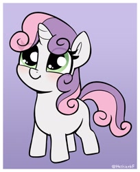 Size: 1158x1422 | Tagged: safe, artist:heretichesh, imported from derpibooru, sweetie belle, pony, unicorn, blank flank, blushing, cute, daaaaaaaaaaaw, diasweetes, eye clipping through hair, female, filly, gradient background, smiling, solo, weapons-grade cute