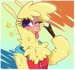 Size: 2270x2105 | Tagged: safe, artist:hitsuji, imported from derpibooru, alpaca, anthro, them's fightin' herds, clothes, cloven hooves, high res, jacket, looking at you, paprika (tfh), solo, stars, style emulation, tongue out