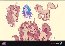 Size: 4096x2896 | Tagged: safe, artist:imalou, imported from derpibooru, izzy moonbow, sunny starscout, earth pony, pony, unicorn, behind the scenes, bust, cheek squish, cheek to cheek, chibi, concept art, cute, duo, female, floppy ears, g5, hasbro logo, mare, multeity, my little pony: a new generation, my little pony: a new generation logo, one ear down, open mouth, raised hoof, simple background, smiling, squishy cheeks, white background