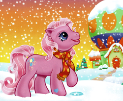 Size: 1945x1603 | Tagged: safe, artist:carlo loraso, imported from derpibooru, pinkie pie (g3), earth pony, pony, book:holiday talent show, christmas, clothes, cropped, female, g3, holiday, official, scan, scarf, snow, snowfall, solo, winter