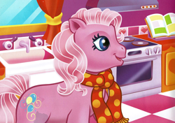 Size: 2162x1526 | Tagged: safe, artist:carlo loraso, imported from derpibooru, pinkie pie (g3), earth pony, pony, book:holiday talent show, christmas, clothes, cropped, g3, holiday, kitchen, official, scan, scarf, solo