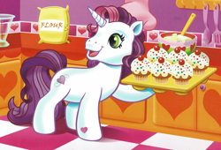 Size: 1880x1280 | Tagged: safe, artist:carlo loraso, imported from derpibooru, sweetie belle (g3), pony, unicorn, book:holiday talent show, cropped, cupcake, food, g3, kitchen, official, scan, solo