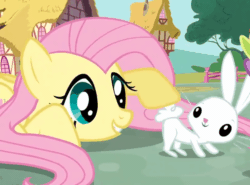 Size: 1280x946 | Tagged: safe, imported from derpibooru, screencap, angel bunny, fluttershy, spike, dragon, pegasus, pony, rabbit, just for sidekicks, season 3, angelbetes, animal, animated, cute, fluffy tail, gif, offscreen character, shyabetes, tail, trio