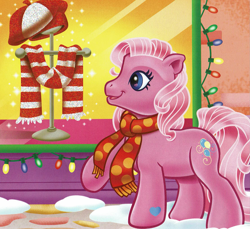 Size: 1777x1630 | Tagged: safe, artist:carlo loraso, imported from derpibooru, pinkie pie (g3), earth pony, pony, book:holiday talent show, christmas, clothes, cropped, g3, hat, holiday, official, scan, scarf, solo, winter