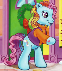 Size: 1447x1666 | Tagged: safe, artist:carlo loraso, imported from derpibooru, rainbow dash (g3), earth pony, pony, bipedal, book:holiday talent show, christmas, clothes, cropped, g3, holiday, jacket, official, rainbow dash always dresses in style, scan, solo, sweater, turtleneck, winter, wreath