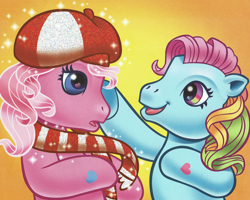 Size: 2014x1615 | Tagged: safe, artist:carlo loraso, imported from derpibooru, pinkie pie (g3), rainbow dash (g3), earth pony, pony, bipedal, book:holiday talent show, clothes, cropped, duo, g3, hat, holiday, official, scan, scarf, striped scarf
