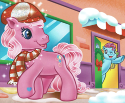 Size: 2020x1660 | Tagged: safe, artist:carlo loraso, imported from derpibooru, pinkie pie (g3), rainbow dash (g3), earth pony, pony, bipedal, book:holiday talent show, christmas, clothes, cropped, duo, g3, hat, holiday, official, scan, scarf, snow, striped scarf, winter