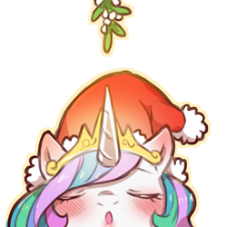Size: 1159x1159 | Tagged: safe, artist:cold-blooded-twilight, imported from derpibooru, princess celestia, pony, blushing, christmas, crown, ear blush, eyes closed, hat, holiday, jewelry, kissy face, mistletoe, puckered lips, regalia, santa hat, simple background, solo, transparent background