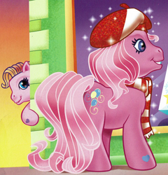 Size: 1390x1447 | Tagged: safe, artist:carlo loraso, imported from derpibooru, pinkie pie (g3), toola roola, earth pony, pony, book:holiday talent show, clothes, cropped, duo, g3, hat, holiday, official, peeking, scan, scarf, striped scarf, window