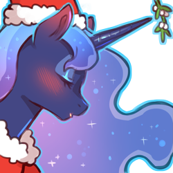 Size: 1159x1159 | Tagged: safe, artist:cold-blooded-twilight, imported from derpibooru, princess luna, alicorn, pony, blushing, christmas, clothes, costume, ear blush, eyes closed, eyeshadow, hat, holiday, kissy face, makeup, mistletoe, puckered lips, santa costume, santa hat, simple background, solo, this will end in kisses, transparent background