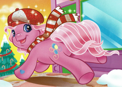 Size: 1615x1150 | Tagged: safe, artist:carlo loraso, imported from derpibooru, pinkie pie (g3), earth pony, pony, book:holiday talent show, christmas, christmas tree, clothes, cropped, from behind, g3, hat, holiday, official, running, scan, scarf, snow, striped scarf, tree, winter