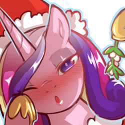 Size: 1159x1159 | Tagged: safe, artist:cold-blooded-twilight, imported from derpibooru, princess cadance, pony, blushing, christmas, eyeshadow, female, hat, holiday, hoof on cheek, hoof shoes, kissy face, looking at you, makeup, mistletoe, one eye closed, puckered lips, santa hat, simple background, solo, transparent background, wink