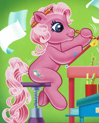 Size: 1483x1846 | Tagged: safe, artist:carlo loraso, imported from derpibooru, pinkie pie (g3), earth pony, pony, book:holiday talent show, cropped, desk, g3, official, pencil, scan, sitting, solo, stool