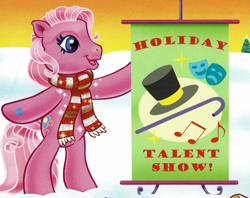 Size: 1393x1102 | Tagged: safe, artist:carlo loraso, imported from derpibooru, pinkie pie (g3), earth pony, pony, bipedal, book:holiday talent show, clothes, cropped, g3, official, scan, scarf, sign, solo, striped scarf