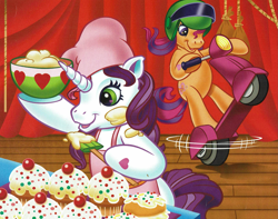 Size: 1843x1450 | Tagged: safe, artist:carlo loraso, imported from derpibooru, scootaloo (g3), sweetie belle (g3), earth pony, pony, unicorn, apron, batter, bipedal, book:holiday talent show, cake batter, chef's hat, clothes, cropped, cupcake, curtains, duo, food, g3, hat, helmet, motorcycle, official, scan