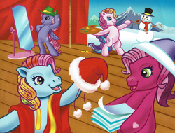 Size: 1996x1519 | Tagged: safe, artist:carlo loraso, imported from derpibooru, cheerilee (g3), rainbow dash (g3), starsong, toola roola, earth pony, pegasus, pony, bipedal, book:holiday talent show, christmas, clothes, cropped, curtains, easel, g3, group, hat, holiday, mirror, official, painting, santa hat, scan, snowman